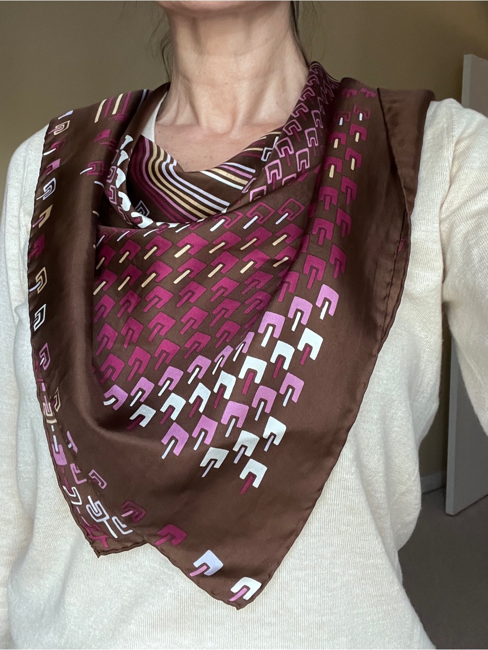 Vintage Adolfo Brown Geometric Silk Scarf Mod Mid Century Pink 26x27